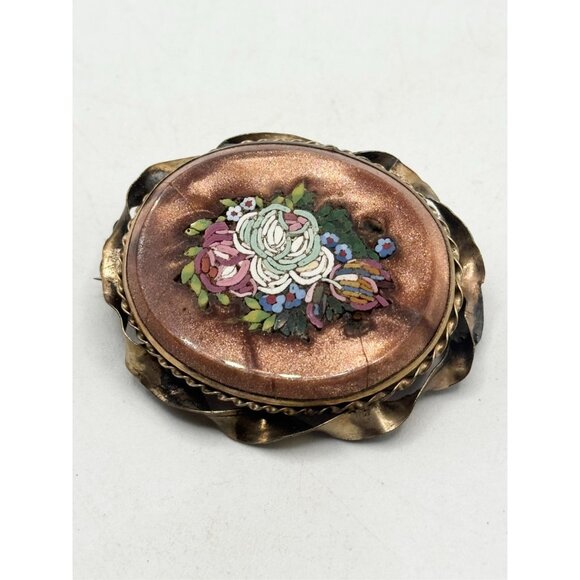 Antique Victorian Goldstone Micro Mosaic Bezel Brooch Pin - Picture 2 of 7